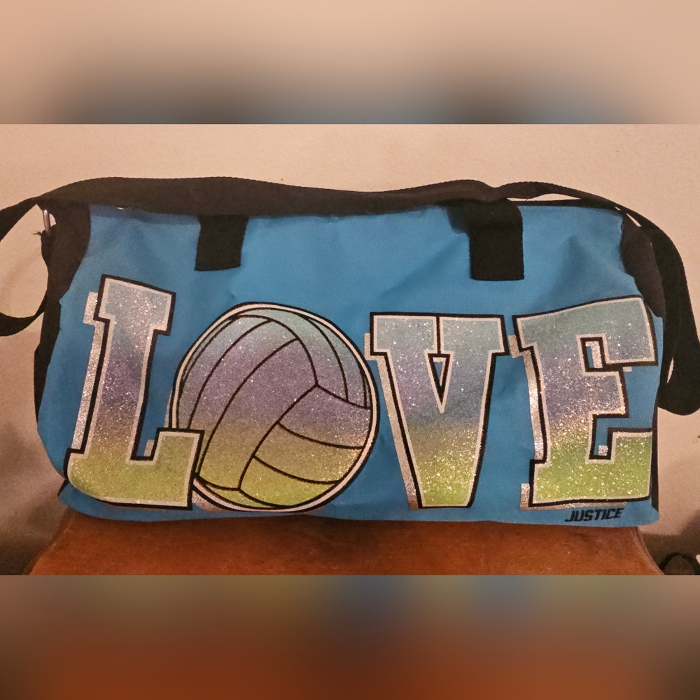 Justice Blue Glitter LOVE Sports Duffle Bag